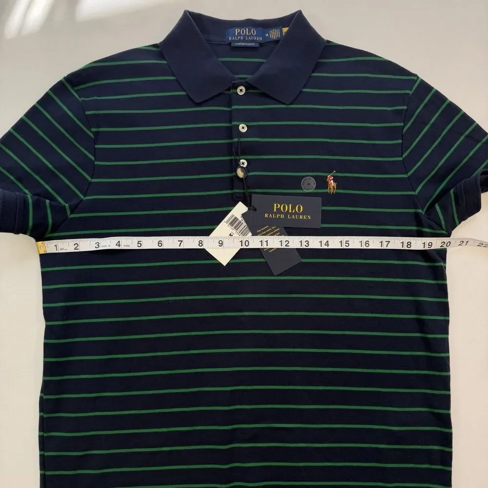 Polo Ralph Lauren Navy Green Striped Polo MEDIUM Custom Slim Fit Cotton Preppy